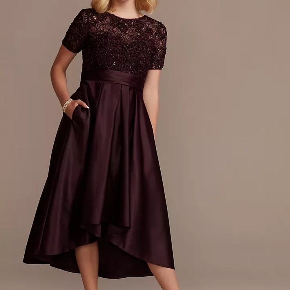 Oleg Cassini Plum High-Low Lace Bodice Dress